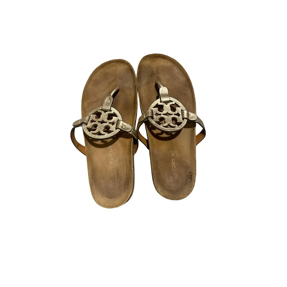 Tory Burch Miller Cloud Metallic Gold Logo Thong Sandals Size 8.5